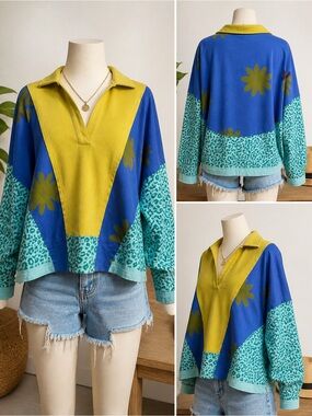 Jodifl Lazy Leopard Colorblock Pullover Top Yellow Blue Green Size M NWT